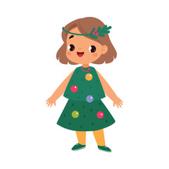 Girl Character in Fir Tree Costume Celebrate Christmas Holiday at Winter Vector Illustration