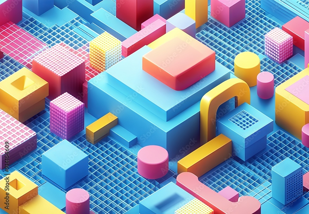 Poster a vibrant 3d isometric grid featuring a variety of shapes and colors, creating a visually striking g
