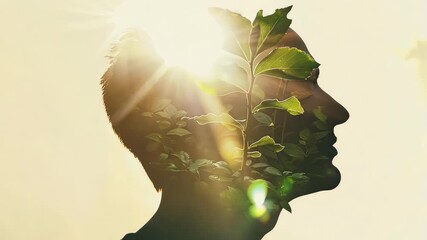 Silhouette of a head with plants and sunlight, nature and mental health concept
