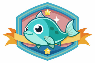 Cartoon Fish Emblem with Stars and Ribbon