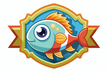 Obraz premium Cartoon Fish in a Colorful Badge with a Ribbon