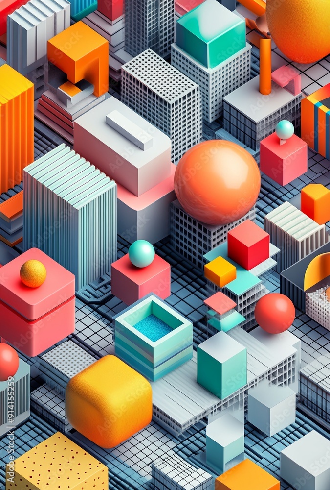 Poster a vibrant 3d isometric grid featuring a variety of shapes and colors, creating a visually striking g