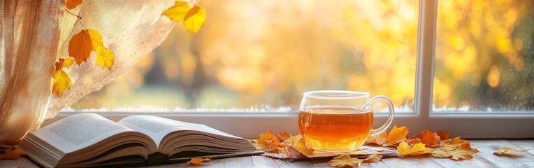 Cozy Autumn Scene with Warm Blanket and Hot Tea