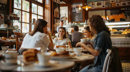 Group of friends sitting at a table, enjoying pastéis de nata and coffee together. Fun times.