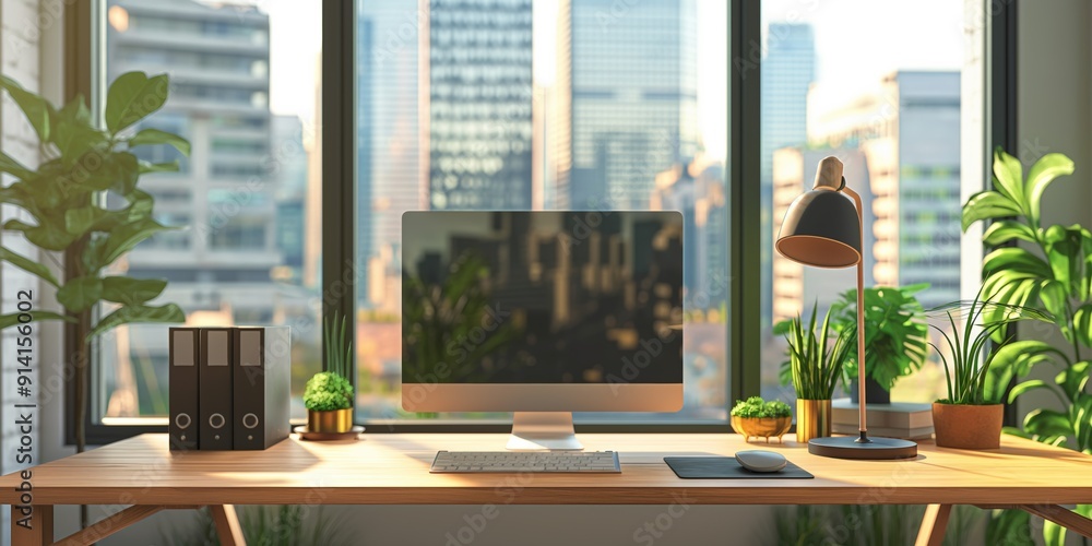 Poster a computer desk with a monitor, keyboard, mouse, and a lamp. the desk is in a city view with a view 
