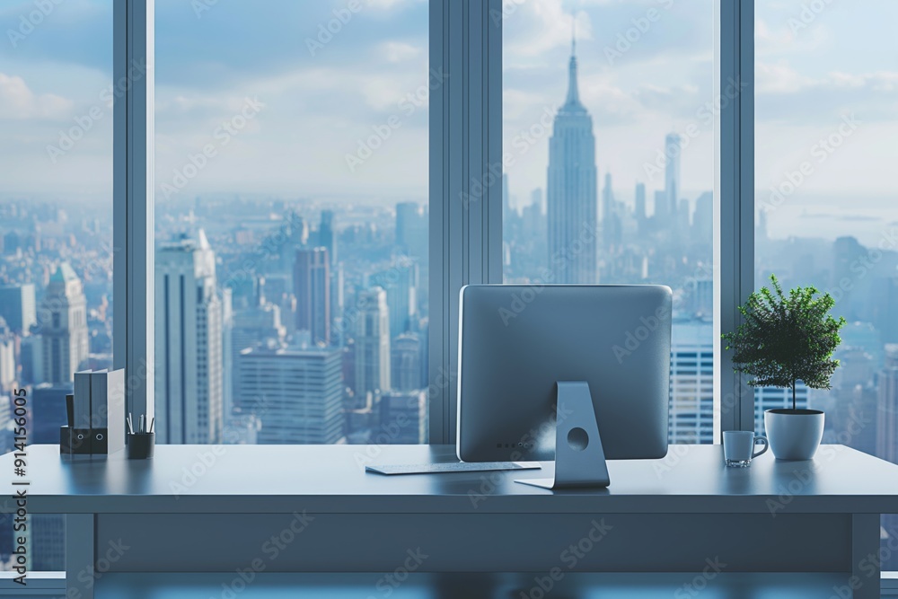 Poster a computer desk with a monitor, a plant, and a cup. the view from the window is of a city with a sky
