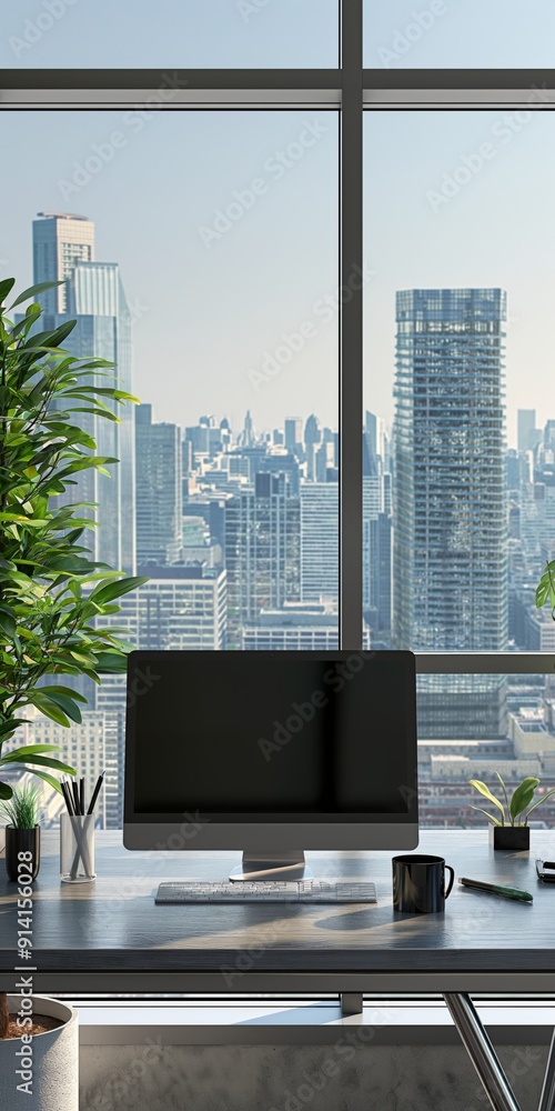 Poster a computer desk with a monitor and a keyboard. there are two potted plants on the desk, one on the l