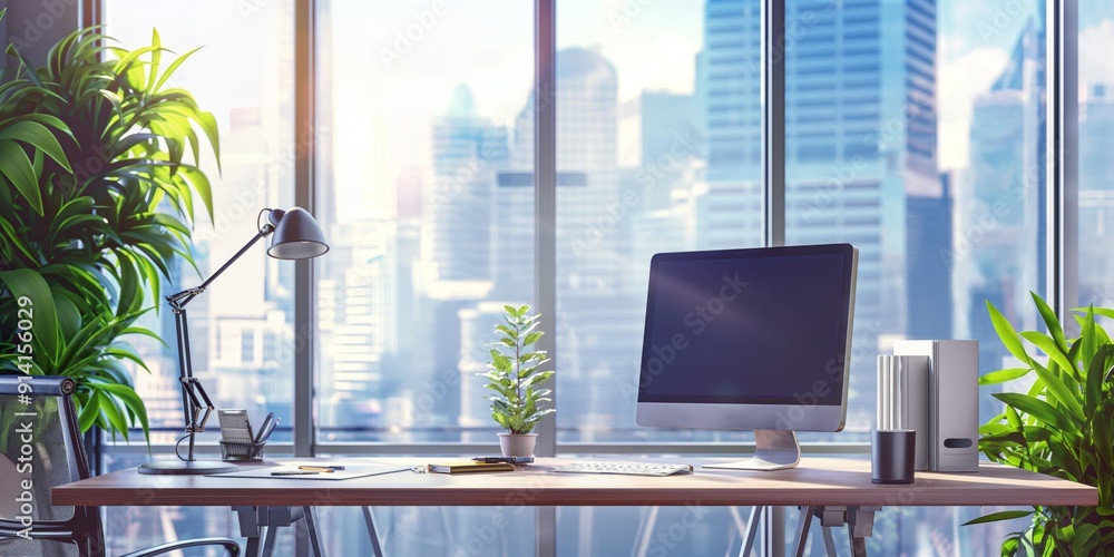 Poster a computer desk with a monitor and a plant in front of it. the desk is in a city with a view of the 