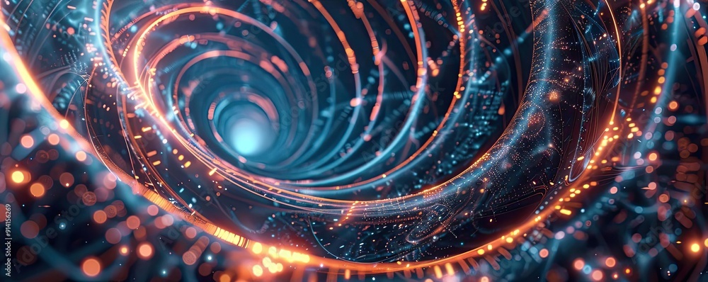 Poster vibrant abstract tunnel with glowing particles, creating a sense of depth and motion in a digital un