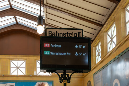 Germany Berlin August 7, 2024. Large screen with the inscription Bahnstieg. The screen lights up and shows a message