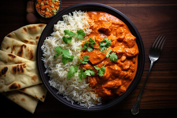 Indian tikka masala with rice and bread on black background