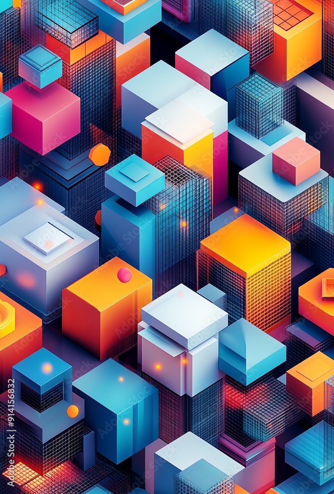 Poster a vibrant 3d isometric grid featuring a variety of shapes and colors, creating a visually striking g