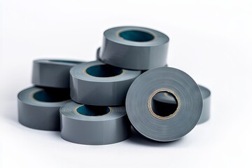 bundle of grey adhesive sticky tapes arranged properly, isolated on white background