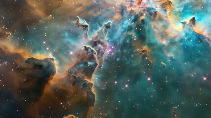 Obraz premium A stunning cosmic scene showcasing vibrant nebulae and star formations, capturing the beauty of the universe in vivid detail.