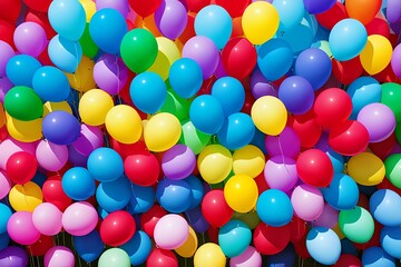 Multicoloured bright gel balloons on the background of blue sky.