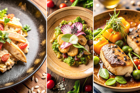 Apetitoso collage de comida saludable para restaurante. Fotograf&iacute;as de comida natural para puesto de comida. Ricos platos sanos para dieta de adelgazamiento. Varias cocinas