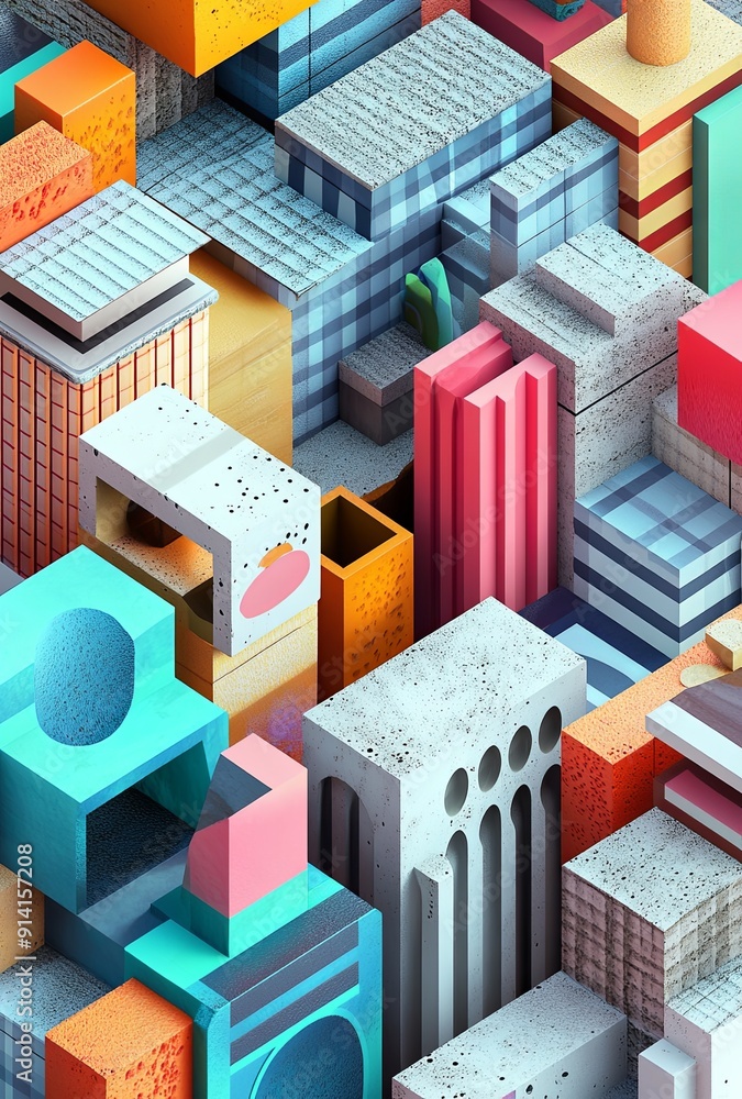 Poster a vibrant 3d isometric grid featuring a variety of shapes and colors, creating a visually striking g