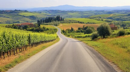 Naklejka premium A scenic road through a Tuscan countryside, with rolling hills and vineyards, offering space for a romantic or travel message.