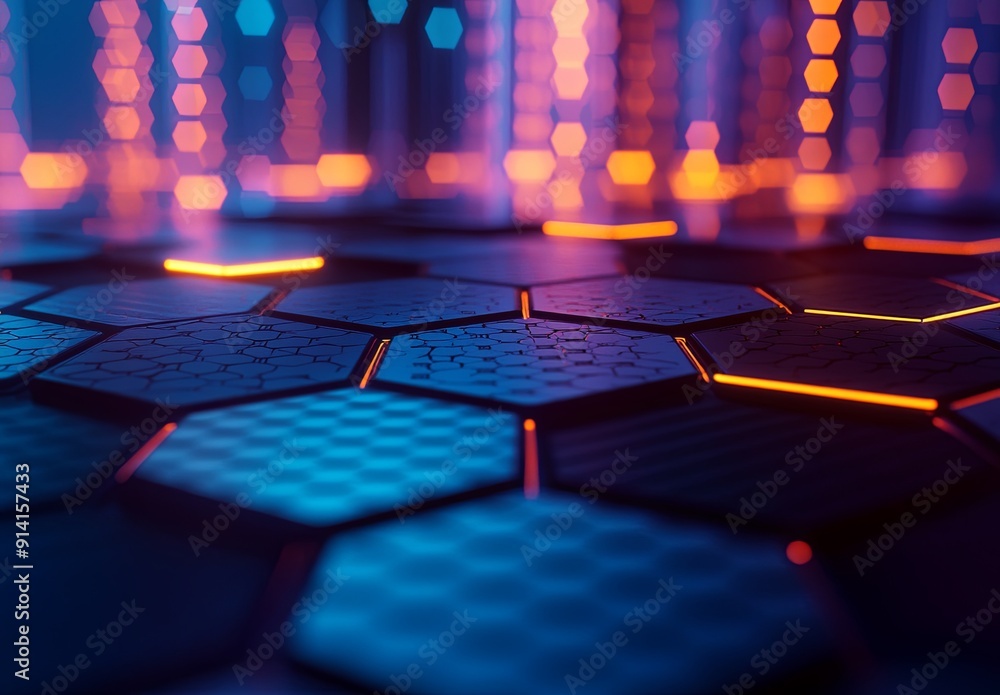 Poster an abstract background with hexagonal patterns and cool tones, evoking a futuristic and technologica