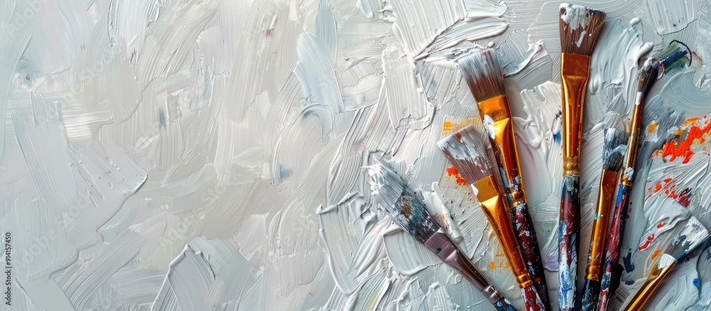 Poster A white and gray background with paintbrushes depicting repair design creativity and art concepts in a top view copy space image