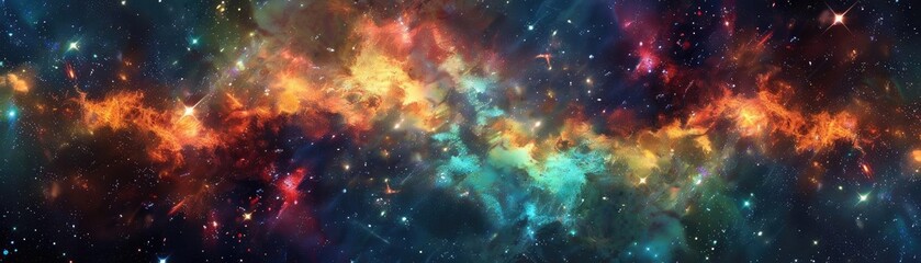 Naklejka premium A vibrant cosmic scene featuring colorful nebulae and twinkling stars, showcasing the beauty of the universe in rich detail.