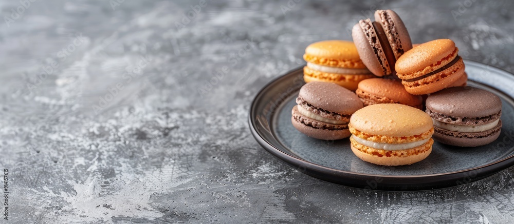 Aufkleber French macarons displayed on a plate against a gray concrete backdrop with a clear area for text or other elements in the image. Creative banner. Copyspace image
