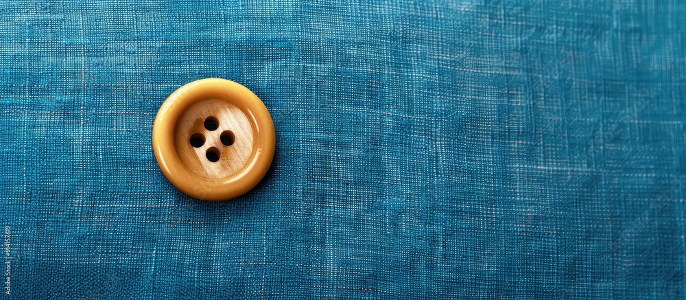 Poster sewing a button onto a blue fabric swatch background with copy space image