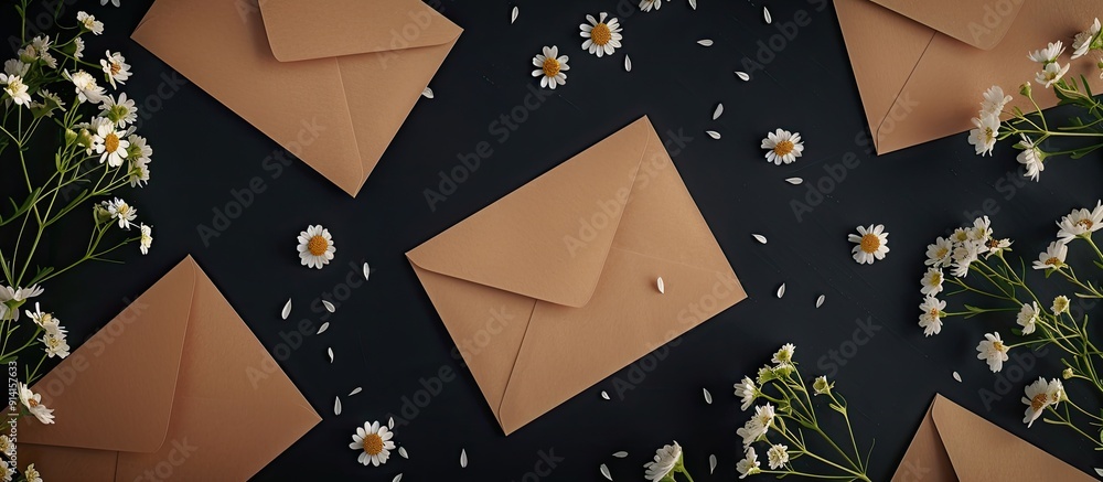 Aufkleber top view of wedding themed craft envelopes displayed against a black background accompanied by paper