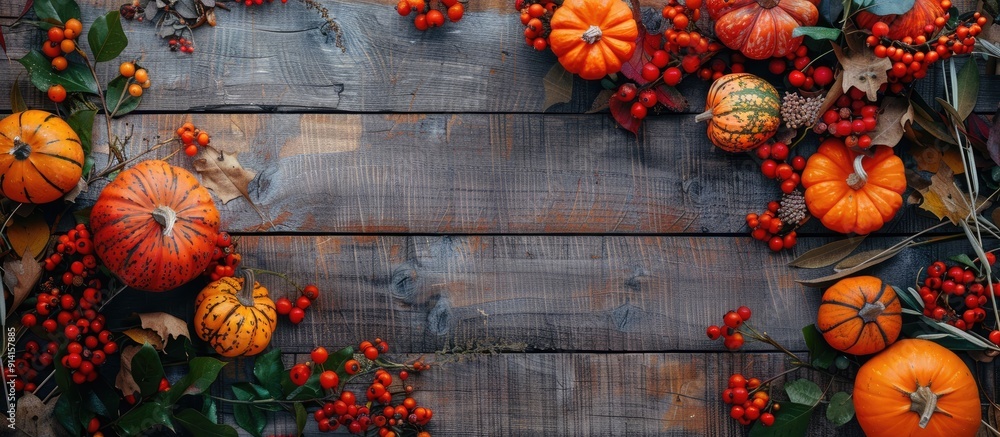 Leinwandbilder fall themed decorations on a wooden table include pumpkins rowan and flowers creating an autumnal co