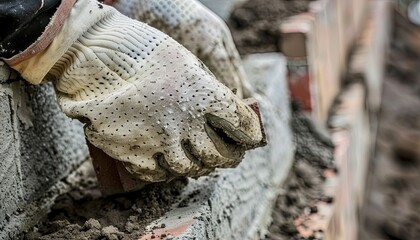 Closeup of gloved hand laying brick in mortar.