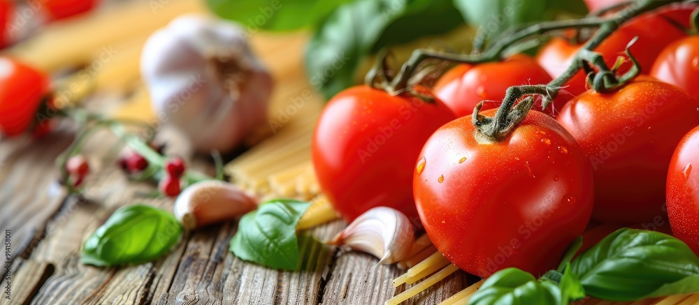 Poster items required to prepare authentic italian spaghetti includes fresh tomatoes garlic and basil with 