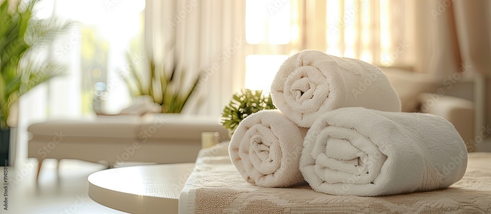 Poster White towels neatly rolled on a table with a clear space for an image against a soft focus living room backdrop suitable for showcasing products. Creative banner. Copyspace image