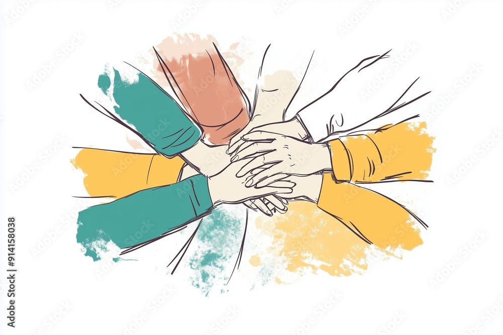 Poster collaborative teamwork through joined hands during an activity in a bright creative environment