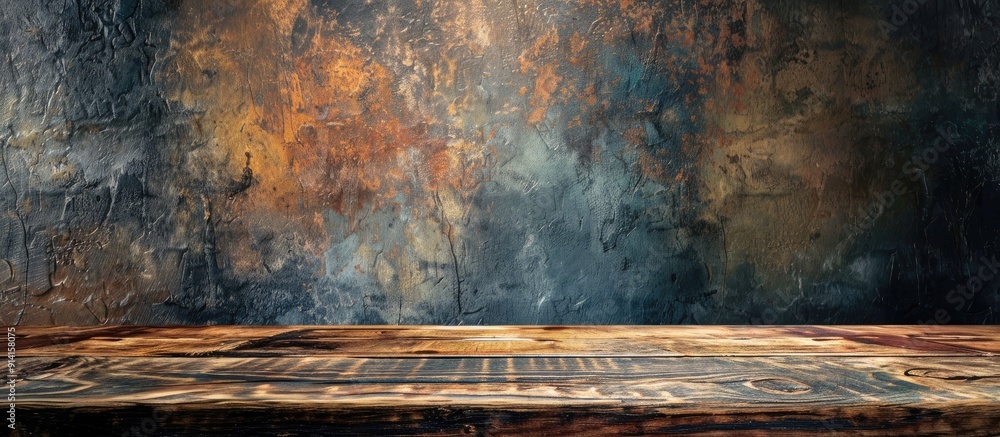 Aufkleber wooden table over a grungy wall providing an empty copy space image