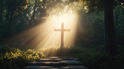 A serene outdoor setting with a cross and a bright light shining down, symbolizing the divine light...