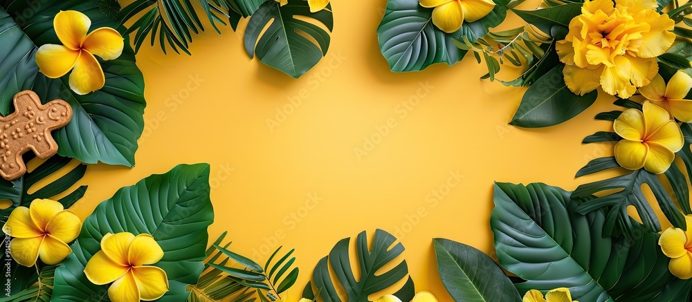 Poster A green paper frame adorned with gingerbread cookies yellow primrose flowers and leaves displayed in a flat lay on a yellow background with copy space image