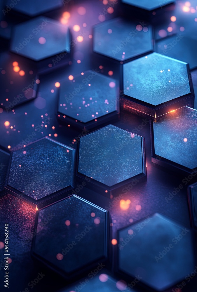 Poster an abstract background with hexagonal patterns and cool tones, evoking a futuristic and technologica