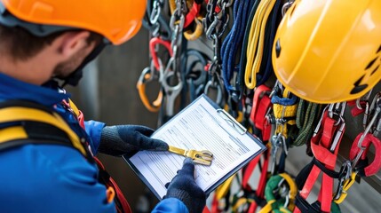 Generate a photo realistic image of a technician inspecting safety equipment such as harnesses and helmets, with detailed inspection tools and safety checklist in hand