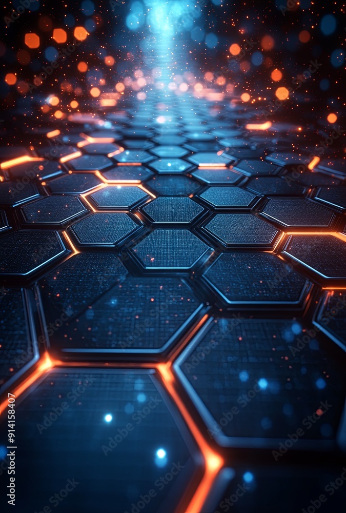 Poster an abstract background with hexagonal patterns and cool tones, evoking a futuristic and technologica