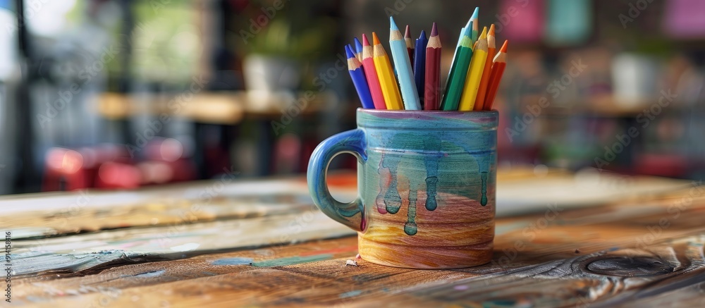 Poster a wooden table displays a mug filled with crayons capturing the essence of an education concept with