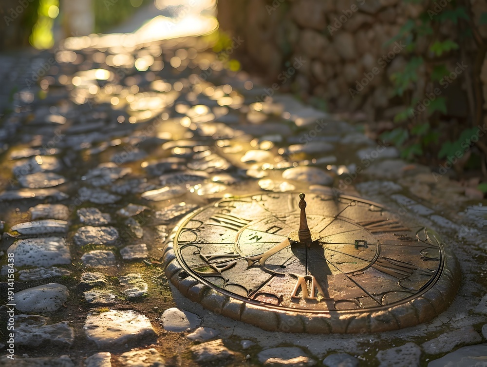 Poster old sundial casts long shadow on cobblestone path signifying the end of day and time concept