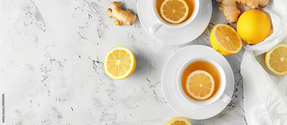 Poster Top view of tea with ginger and lemon on a light gray background offering copy space image