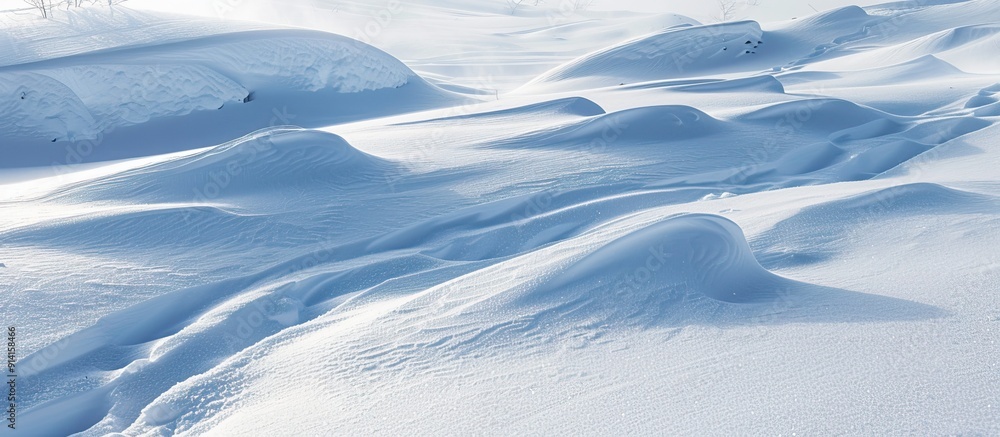 Poster Winter scene with snowy ground and patterns shaped by wind on the snow surface ideal as a copy space image