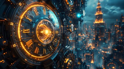 Futuristic Time Traveling Machine with Glowing Dials and Mysterious Symbols in a Cityscape