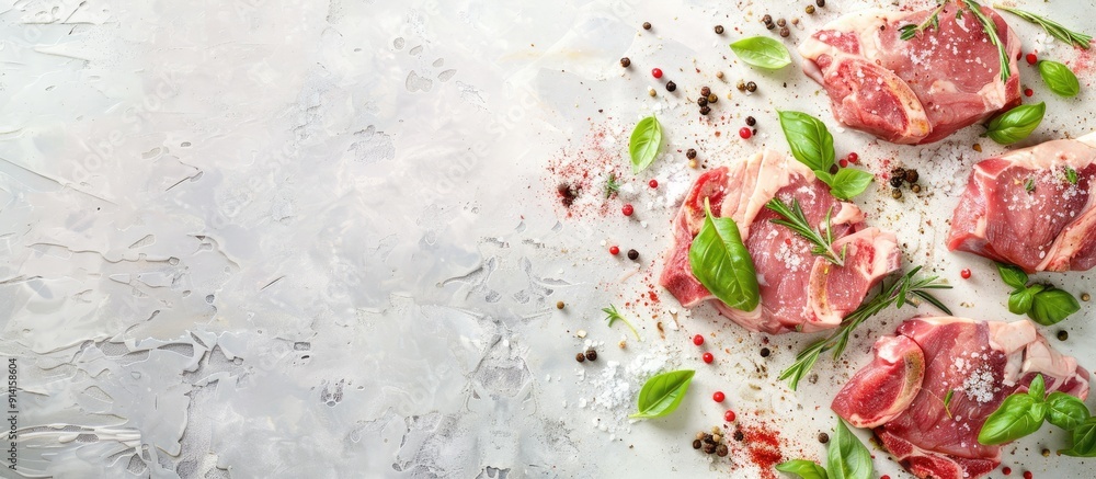 Aufkleber raw pork meat seasoned with salt pepper basil and thyme on a food background with ample copy space i