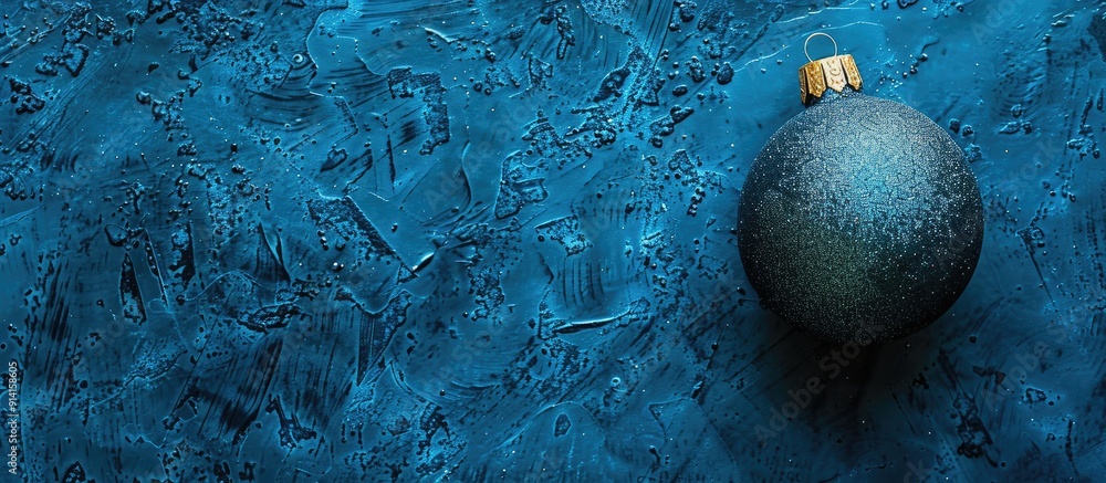 Poster Overhead view of a Christmas ornament on a blue surface with enough empty space for adding images. Creative banner. Copyspace image