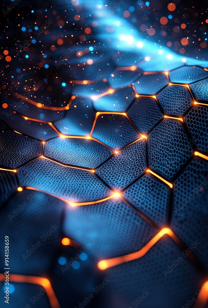 Poster an abstract background with hexagonal patterns and cool tones, evoking a futuristic and technologica