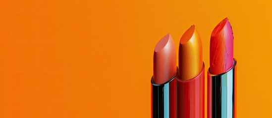 Trendy colored lipsticks showcased against an orange background with copy space image
