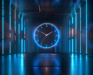 Futuristic Holographic Clock in Minimalist High Tech Room Depicting Modern Time Concept
