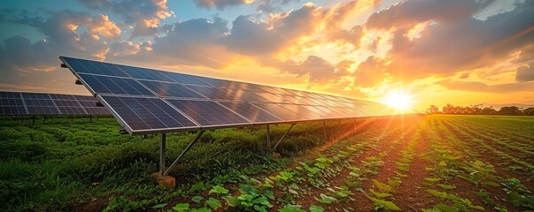 Sunlit solar power modules on an agricultural field, generating electricity, Solar Power Modules Power Generation, Agrivoltaic Systems